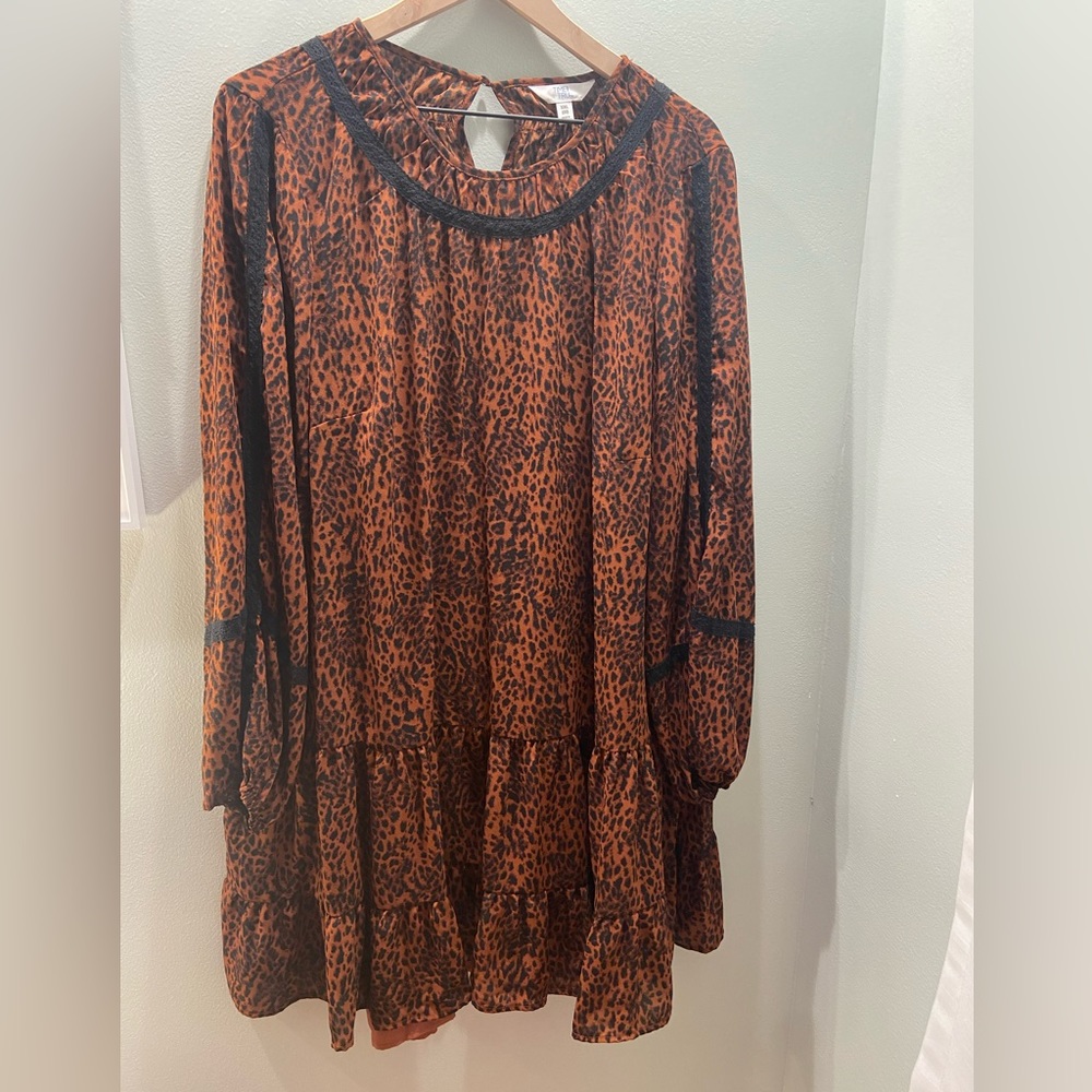 Leopard Print Shift Dress with Drop Waist Tiers and Bloused Bishop Sleeve